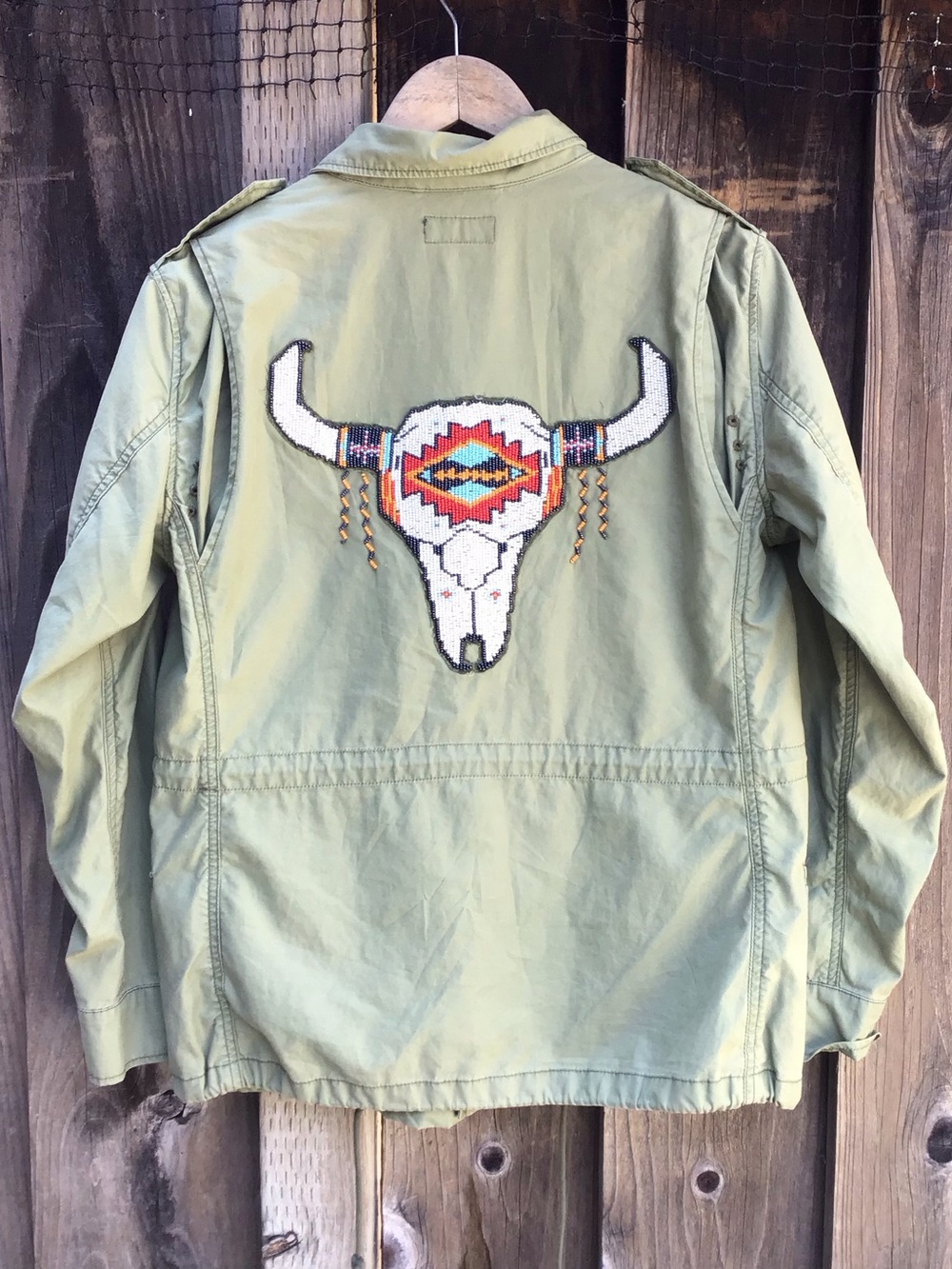 Polo Ralph Lauren Beaded Skull Military Jacket Womens Green Utility Coat Medium